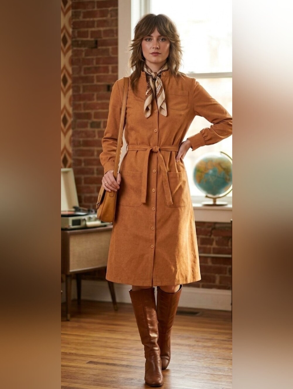 Vintage 70s Faux Suede Belted Shirt Dress Duster Coat Camel Brown Size S/M